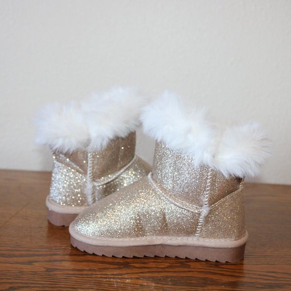 Girls Toddler Sparkly Gold Winter Boots Fuzzy Fashionable Snow Boot Kids Size 8 - Picture 8 of 8